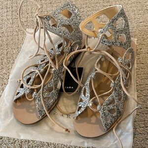 Zara Glittery Silver Lace-Up Sandals